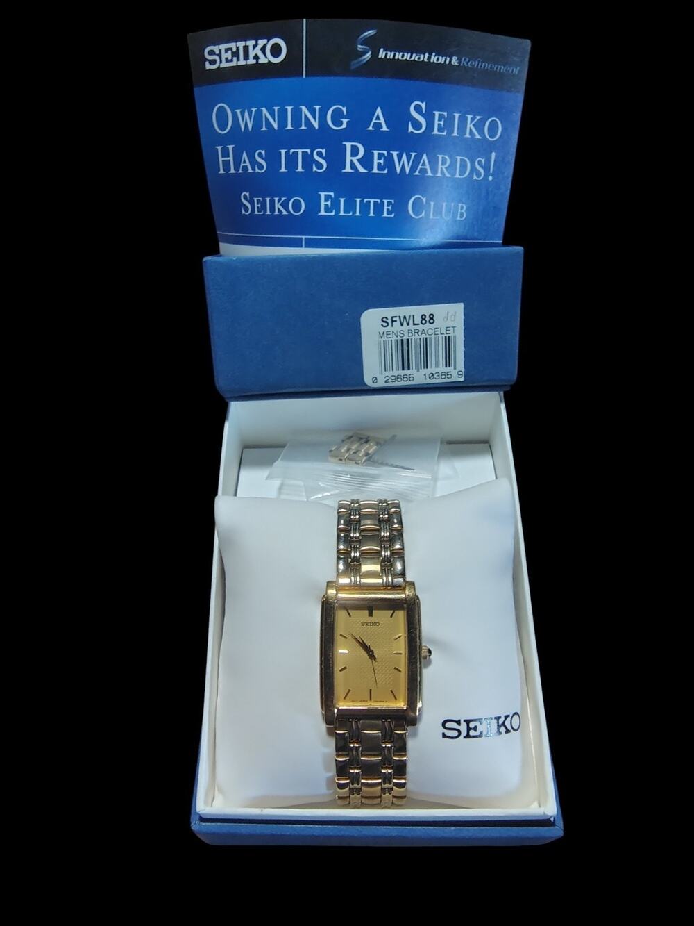 Seiko Tank Watch Men 25mm Gold Tone Gold Dial Rectangle V701-5E49 Box & Papers